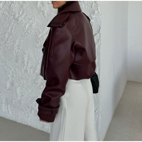 Solid Color Leather Coat Short Loose Design Women's - Image 4