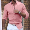 Cotton Linen Long Sleeve Shirt Solid Color Polo Collar Casual Style Shirt - Image 5