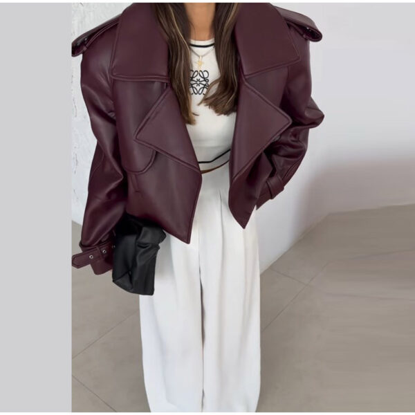 Solid Color Leather Coat Short Loose Design Women's - Image 2