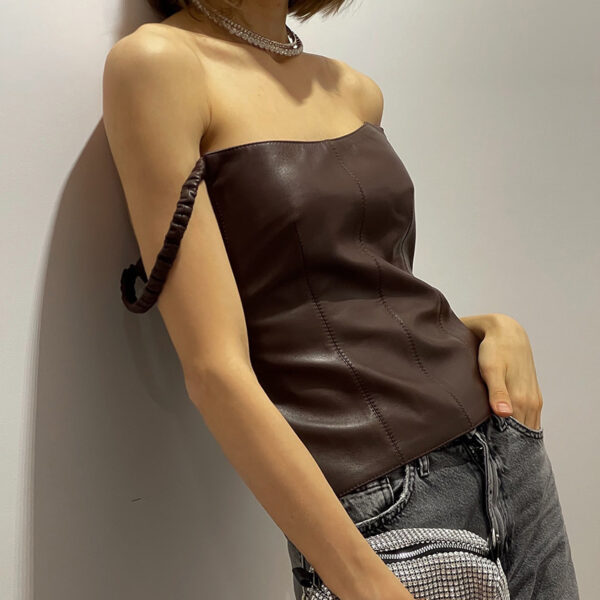 Women's Leather Spaghetti Straps Sleeveless Top - Image 3