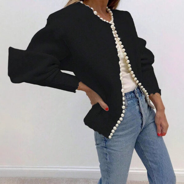 Women's Autumn New Round Neck Pearl Long Sleeve Black Cardigan Coat - Image 2