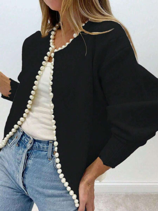 Women's Autumn New Round Neck Pearl Long Sleeve Black Cardigan Coat - Image 7