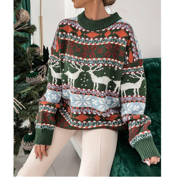 Women's Fashion Round Neck Loose Christmas Theme Jacquard Long Sleeve Sweater - Image 4