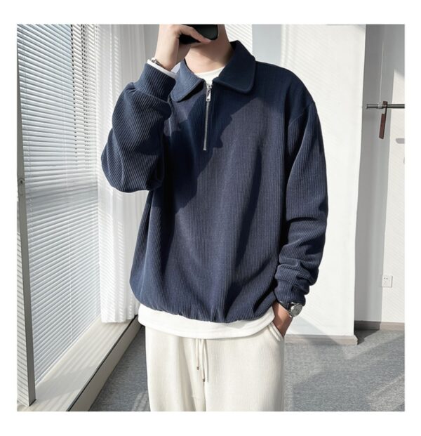Half Zipper Polo Shirt Sweater Men's Polo Collar Stripes Thin Coat - Image 3