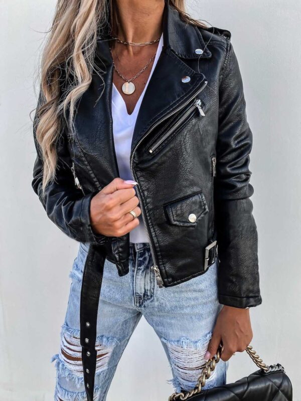 Jacket Top PU Leather Coat Short Zipper - Image 3