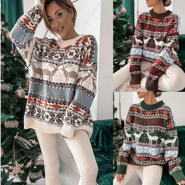 Women's Fashion Round Neck Loose Christmas Theme Jacquard Long Sleeve Sweater - Image 2