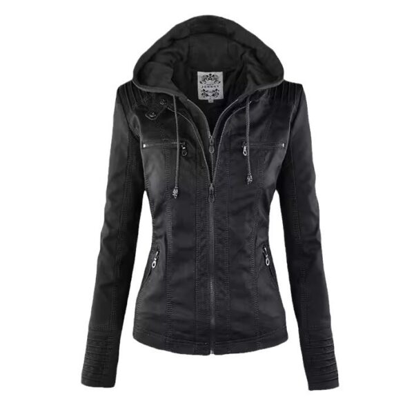 Women's Detachable Lapel Long Sleeve Solid Color Zipper Leather Jacket Coat - Image 5