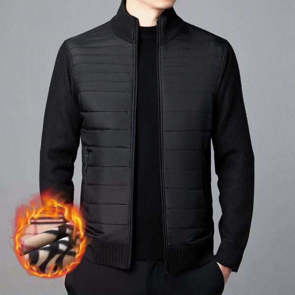 Men's Stand Collar Stitching Velvet Padded Sweater Knitwear Coat - Image 3