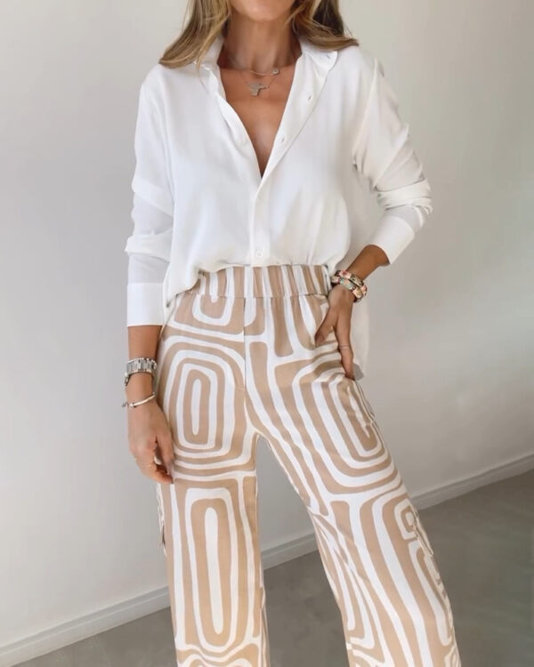 Women's Casual Long-sleeved Lapel Shirt Printed Wide-leg Pants Suit - Image 8