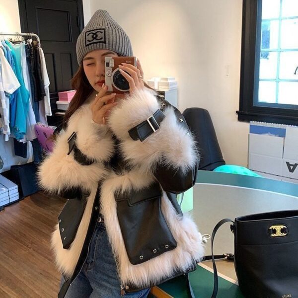 Sense Fox Fur Stitching Leather Coat - Image 4