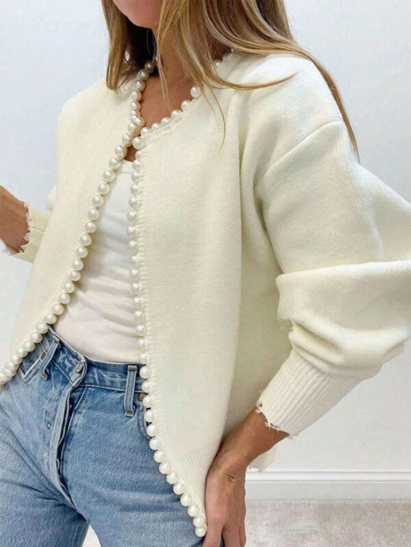 Women's Autumn New Round Neck Pearl Long Sleeve Black Cardigan Coat - Image 6