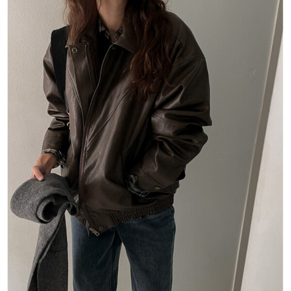 South Korea Chic Early Autumn Retro Handsome Motorcycle Leather Coat - Image 5