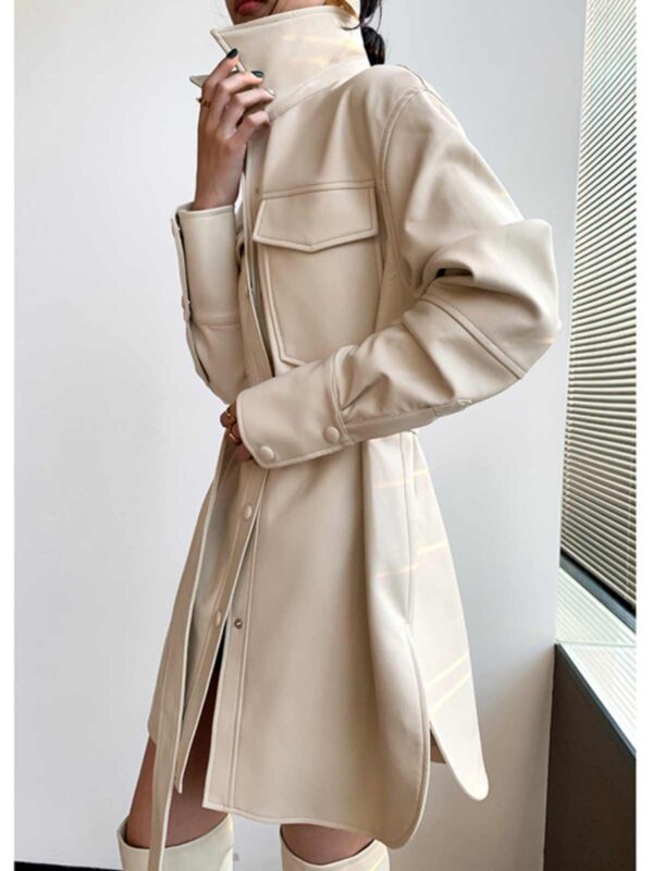 Retro White Shirt Leather Coat Women's Mid-length Cinched Blouse - Image 4