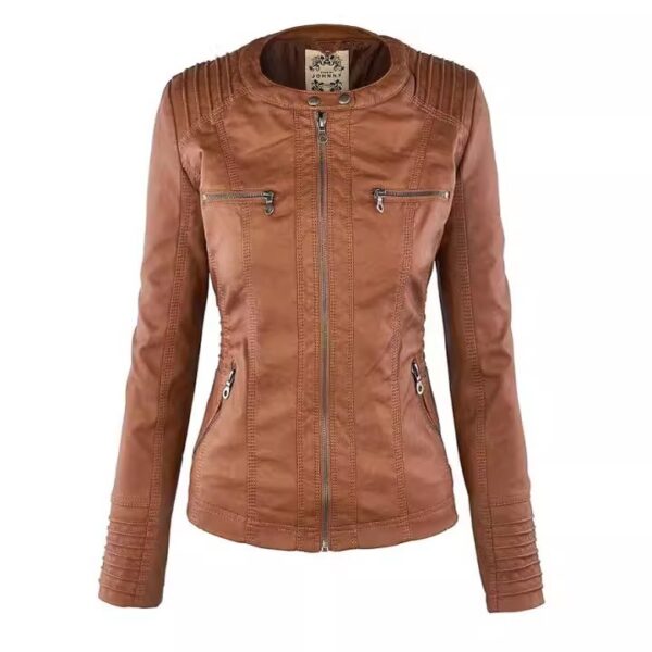 Women's Detachable Lapel Long Sleeve Solid Color Zipper Leather Jacket Coat - Image 3