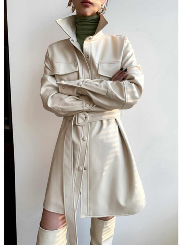 Retro White Shirt Leather Coat Women's Mid-length Cinched Blouse - Image 2