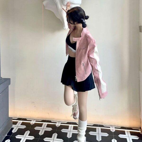 Women's Short Pink Zipper Stitching Leather Coat - Image 5