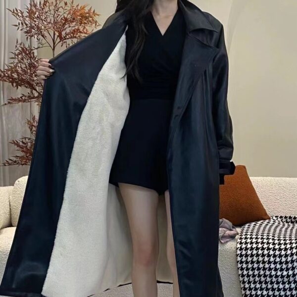 Women's Fashionable Temperament Long Knee Length PU Leather Coat - Image 7
