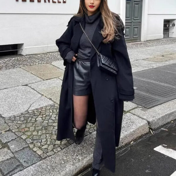 Loose Double Buckle Lapel Long Overcoat Outerwear - Image 5