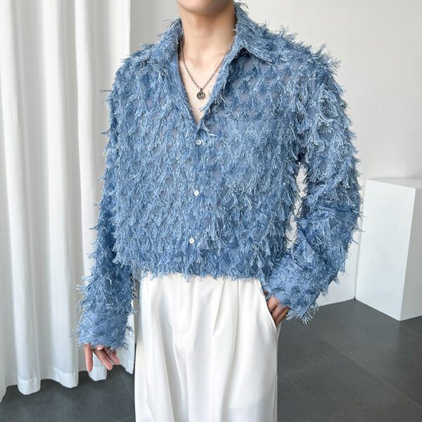 Pure Color Long Fringe Men's Fashion Long Sleeve Shirt Coat - Image 2