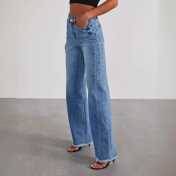 Women's Loose Wide-leg Side Seam Stitching Frayed Hem Jeans - Image 3