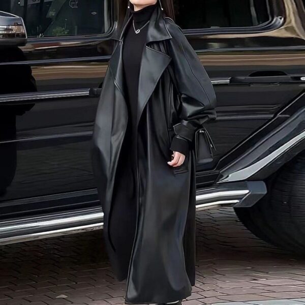 Women's Fashionable Temperament Long Knee Length PU Leather Coat - Image 4