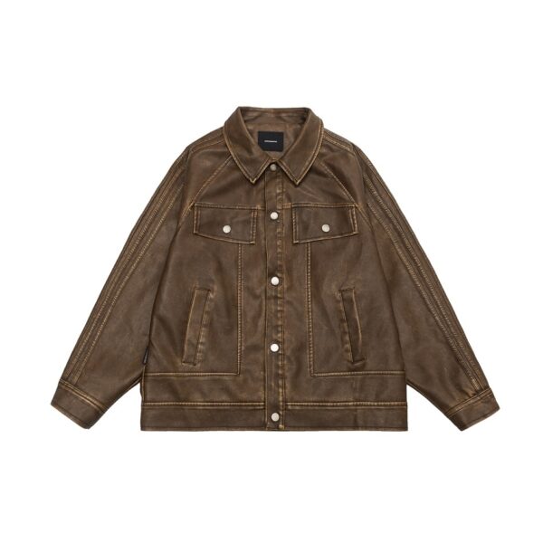 American Retro Distressed Lapel PU Leather For Men And Women Biker's Leather Jacket - Image 6
